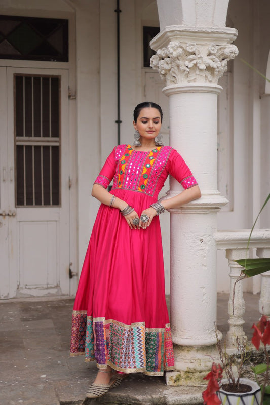 Gamthi Mirror Work Anarkali Gown With Multicolor Kutchi Patch Border