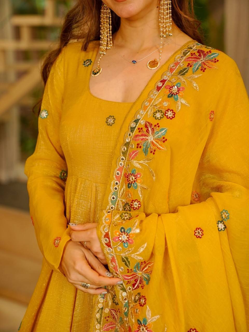 Yellow Embroidered Anarkali Suit With Floral Dupatta And Plazzo
