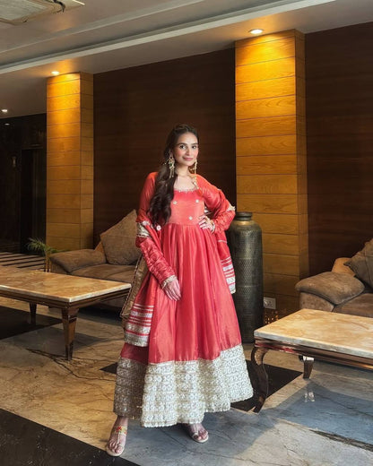 Red Silk Anarkali Suit With Gold Embroidery And Matching Dupatta