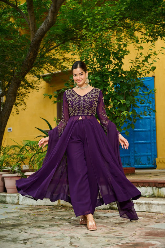 Traditional Red And Purple Embroidery Anarkali Duo