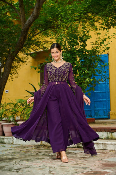 Traditional Red And Purple Embroidery Anarkali Duo