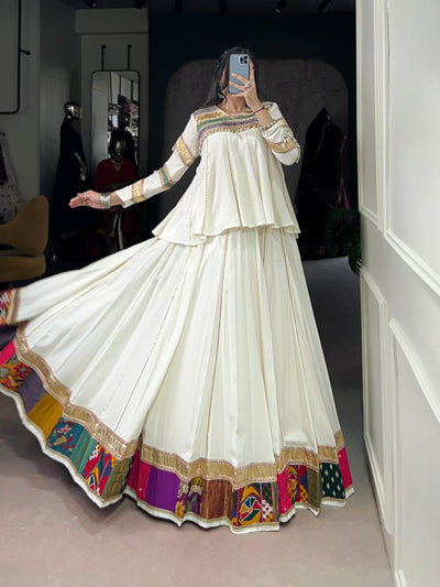 White Designer Lehenga Choli With Multicolor Patchwork Border And Long Peplum Blouse