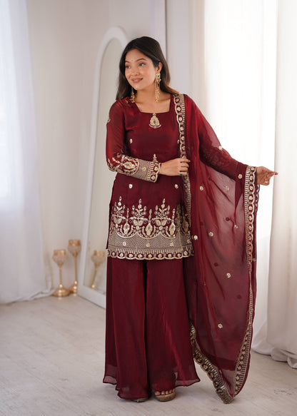 Maroon Embroidered Sharara Suit Set With Dupatta – Festive Ethnic Wear