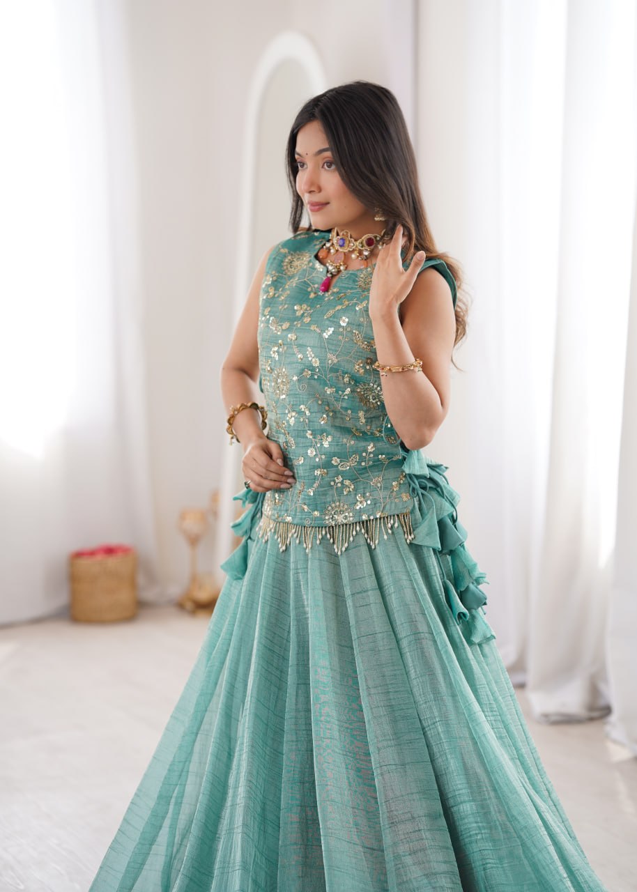 Zari Embroidered Sleeveless Top With Flared Lehenga Set