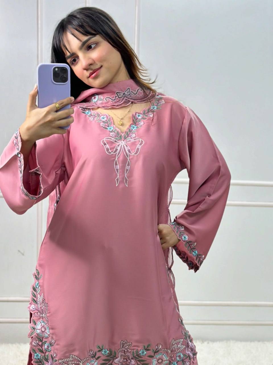 Pink Floral Embroidered Farshi Salwar Suit With Bow Detail And Dupatta