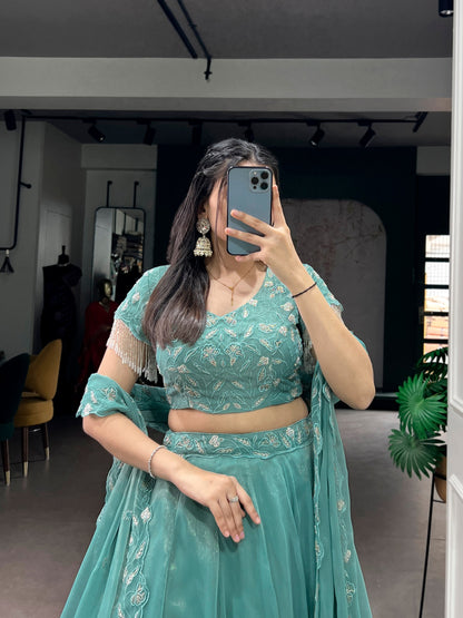 Pastel Blue Lehenga Choli With Intricate Embroidery And Dupatta