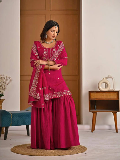 Rani Pink Zari And Sequins Embroidered Sharara Suit Set With Dupatta