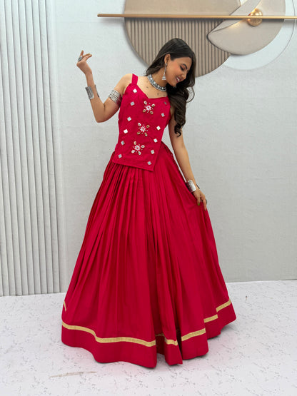 6 Meter Flair Rani Pink Plain Lehenga Choli With Mirror Work Jacket