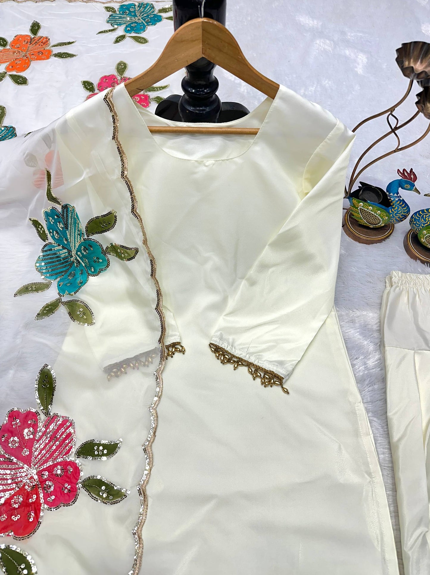 Elegant Off-White Salwar Suit With Multicolour Embroidered Dupatta