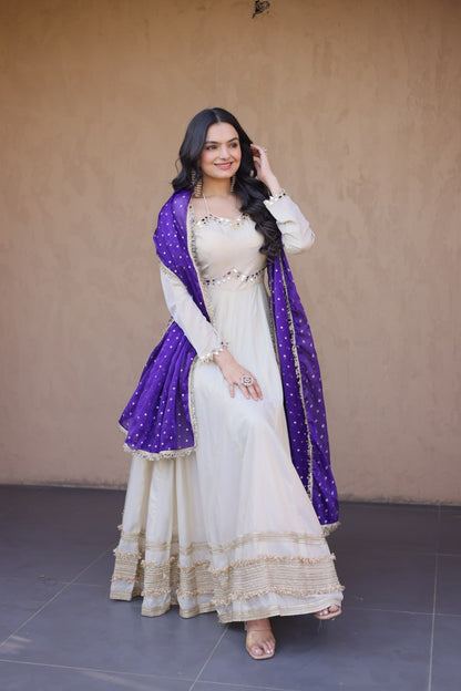Real Mirror Work Anarkali Gown With Royal Purple Dupatta