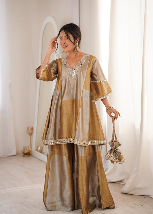 Antique Gold And Silver Colorblock Sharara Set With Mirror Work And Batwa
