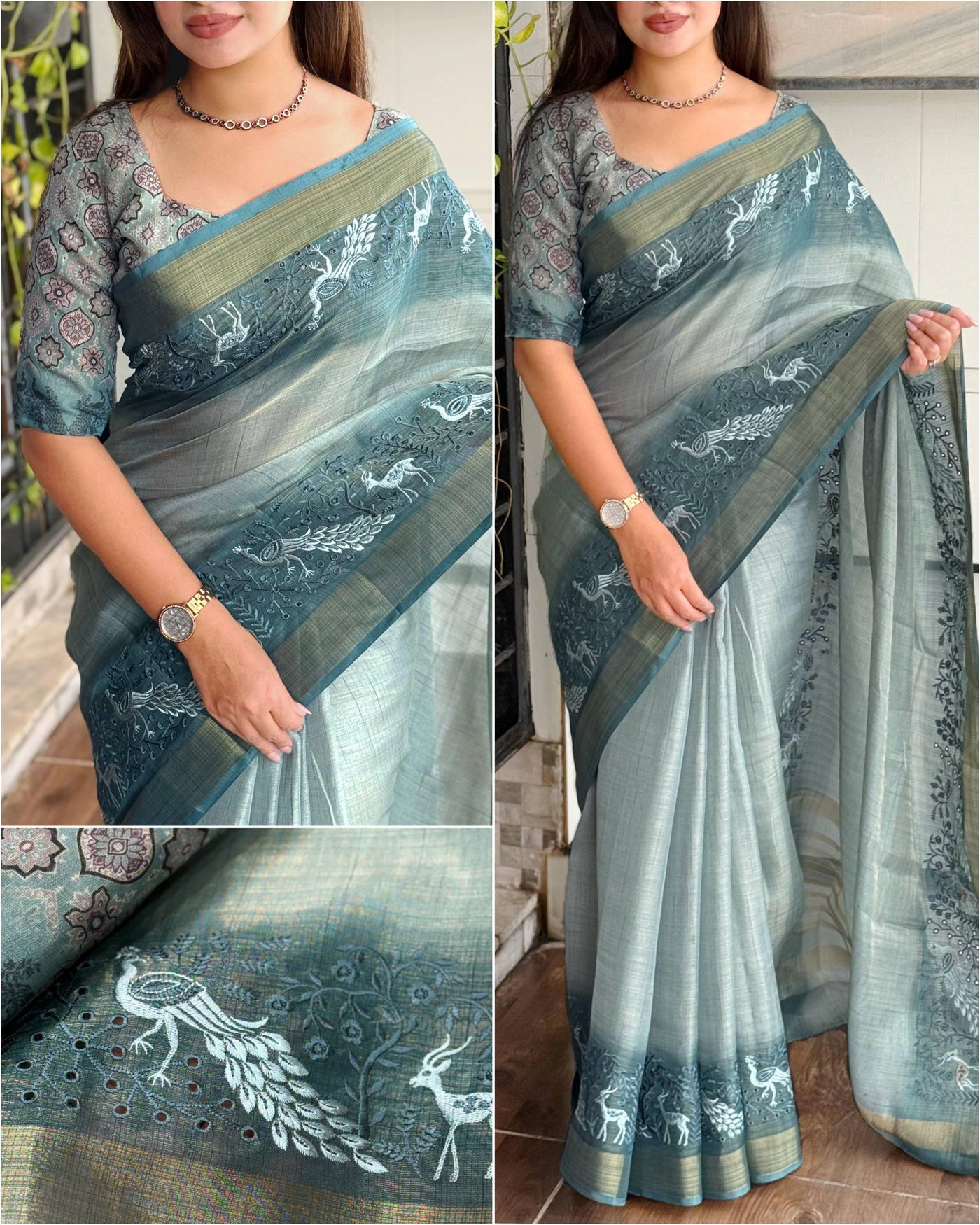 Stylish Gradient Saree With Peacock And Deer Designs