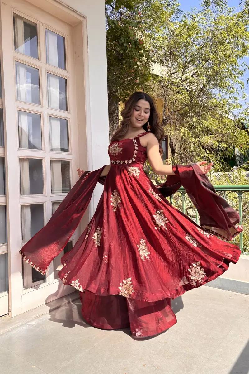 Floral Embroidered Sleeveless Anarkali Gown With Dupatta Set