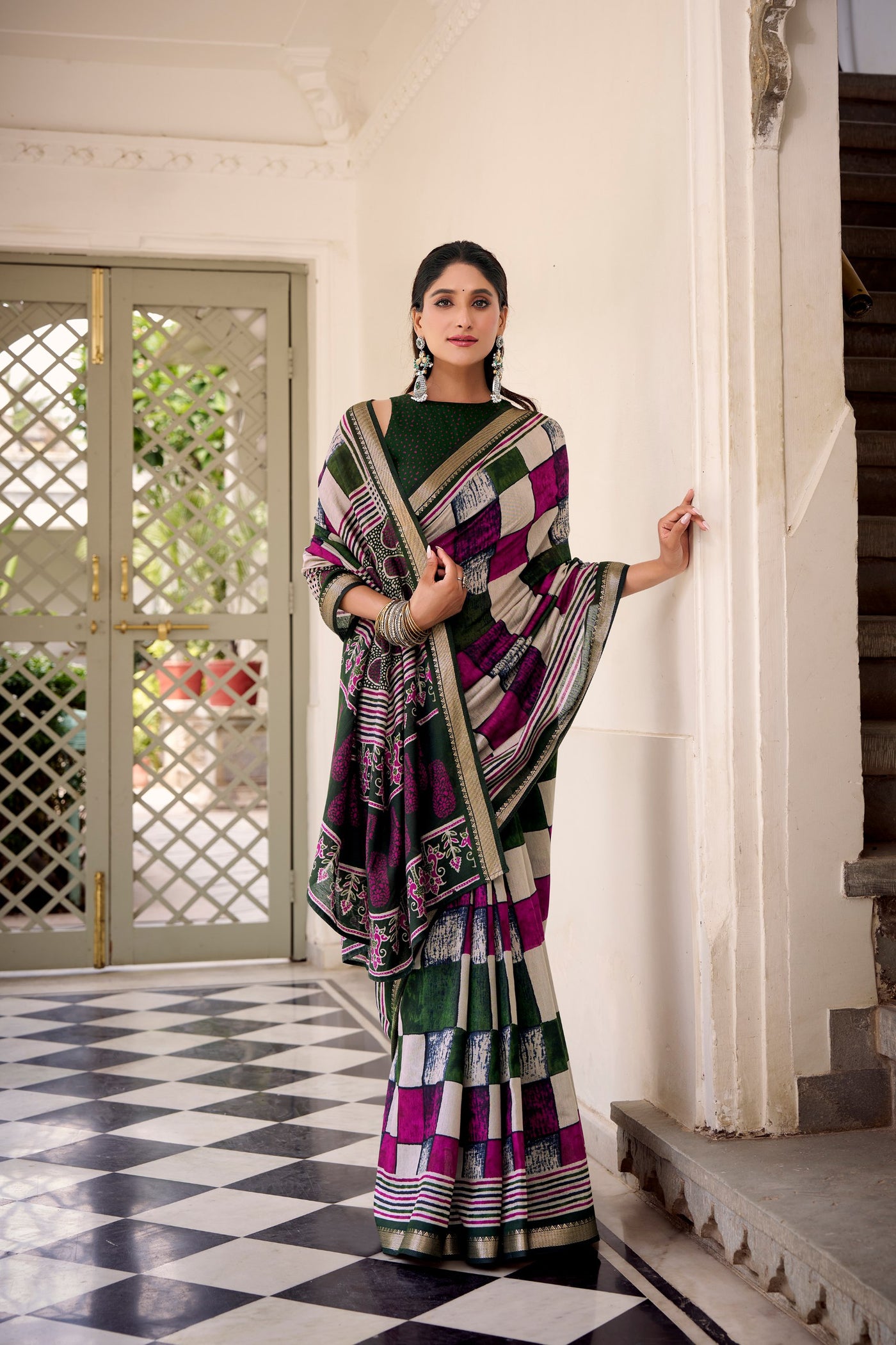 Elegant Patchwork Saree With Geometric Prints