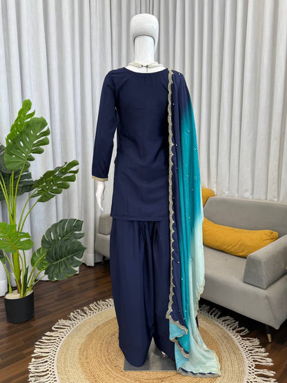 Navy Blue Farshi Suit With Sequnce Work And Shaded Dupatta