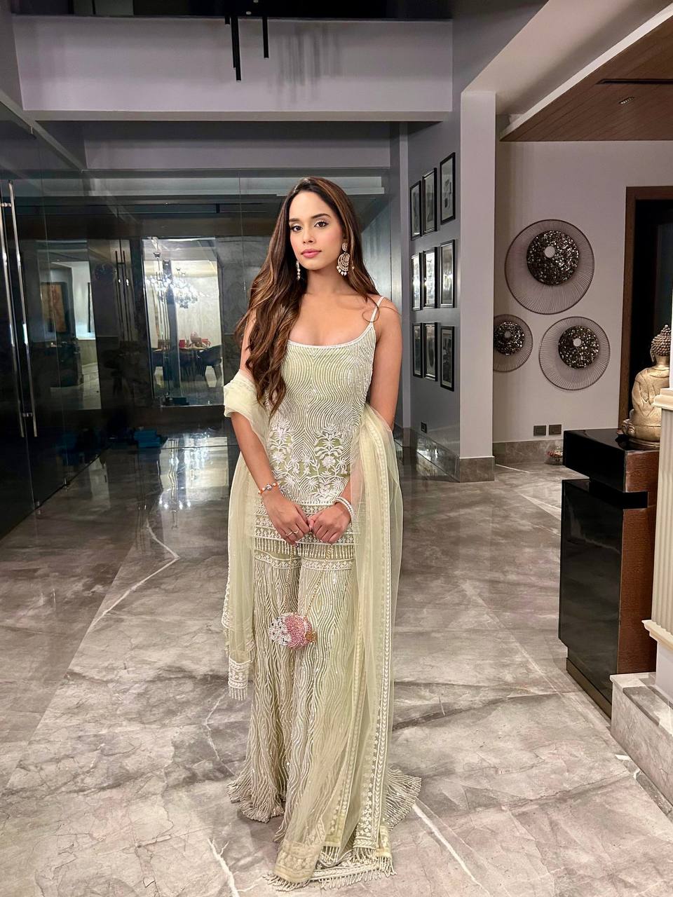 Heavy Pearl And Sequins Embroidered Spaghetti Strap Sharara Set With Dupatta