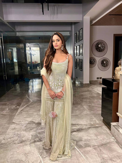 Heavy Pearl And Sequins Embroidered Spaghetti Strap Sharara Set With Dupatta