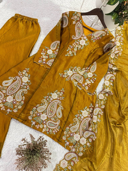 Floral-Paisley Thread Work Kurta Set With Flared Palazzo