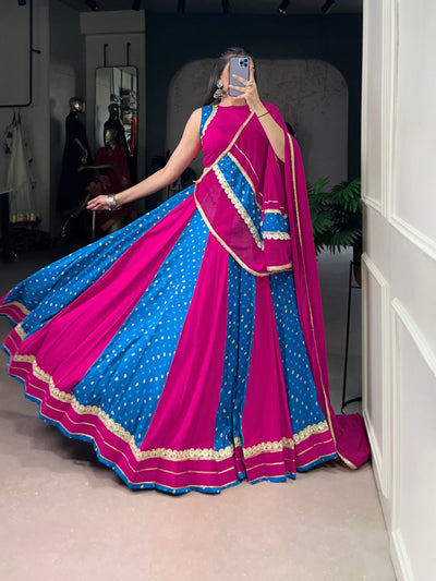 Magenta And Blue Bandhani Lehenga Choli With Mirror Lace Dupatta