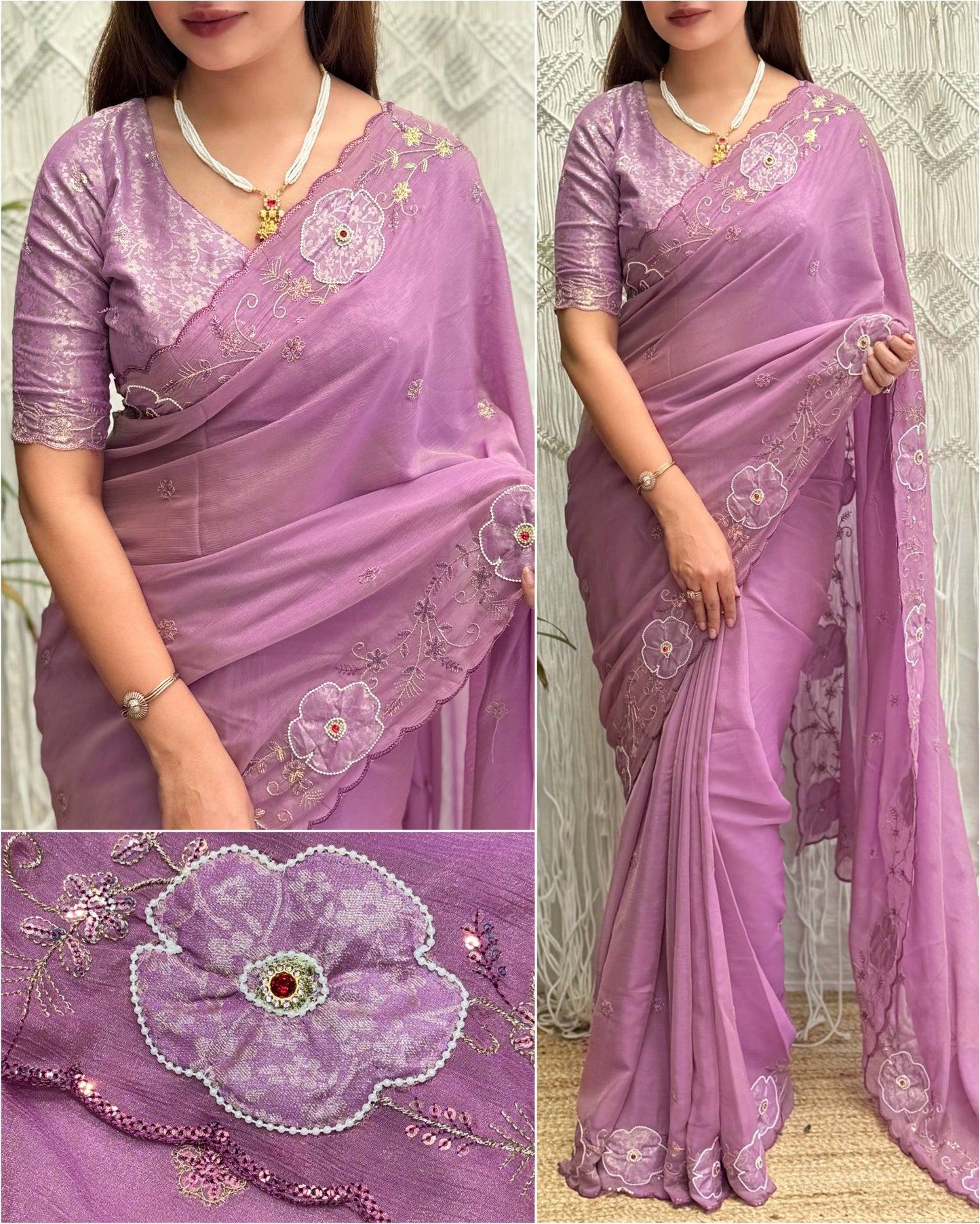 Designer Floral Border Saree With Brocade Un-Stitched Blouse