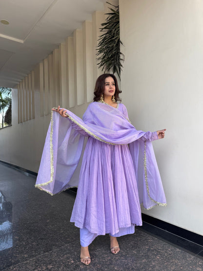 Lavender Cotton Anarkali Set with Dupatta