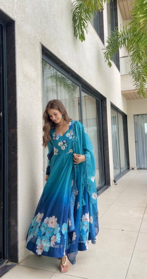 Teal Blue Floral Anarkali Suit With Organza Dupatta And Pant