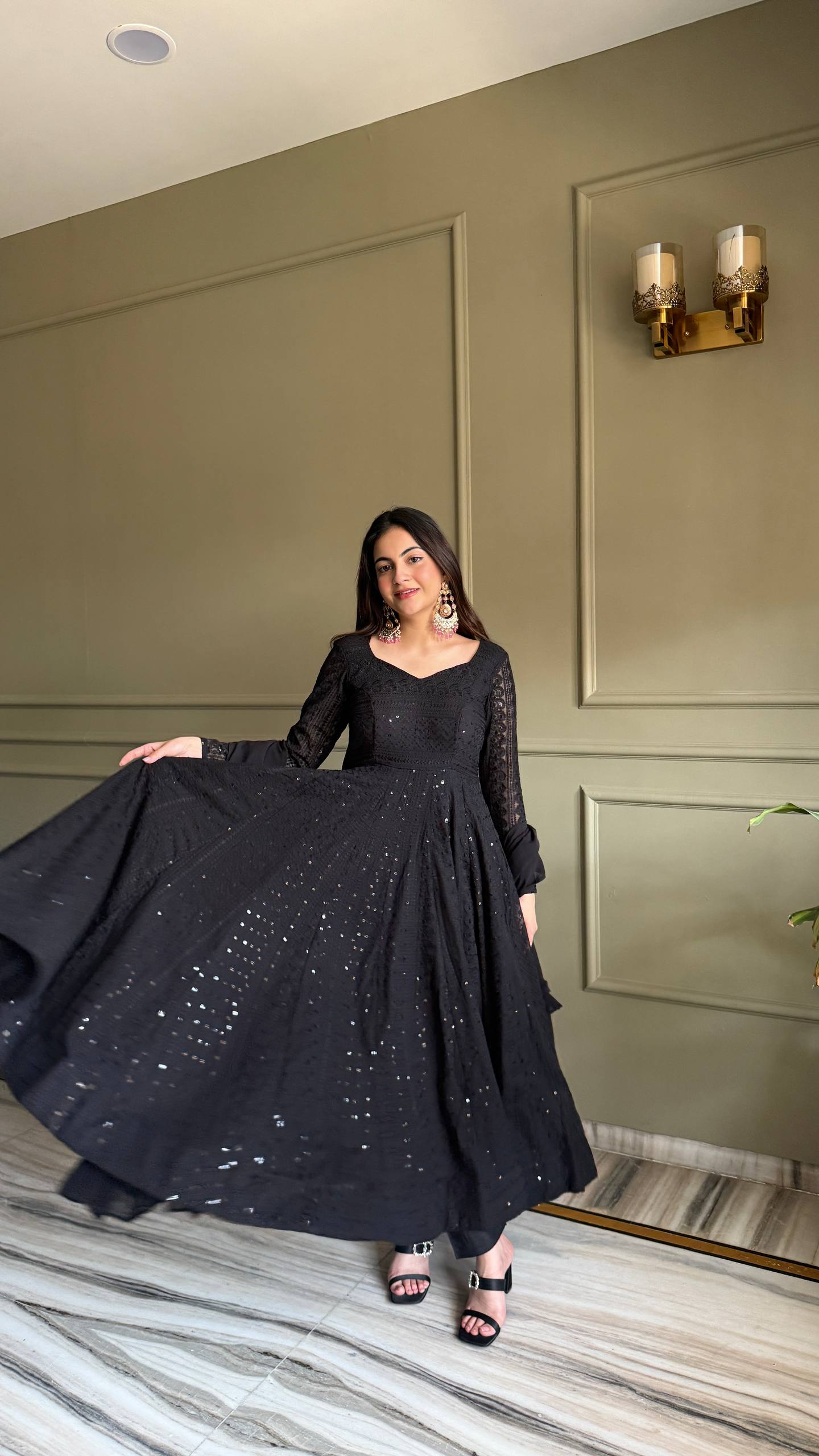 Elegant Black Anarkali Gown with Sparkling Details