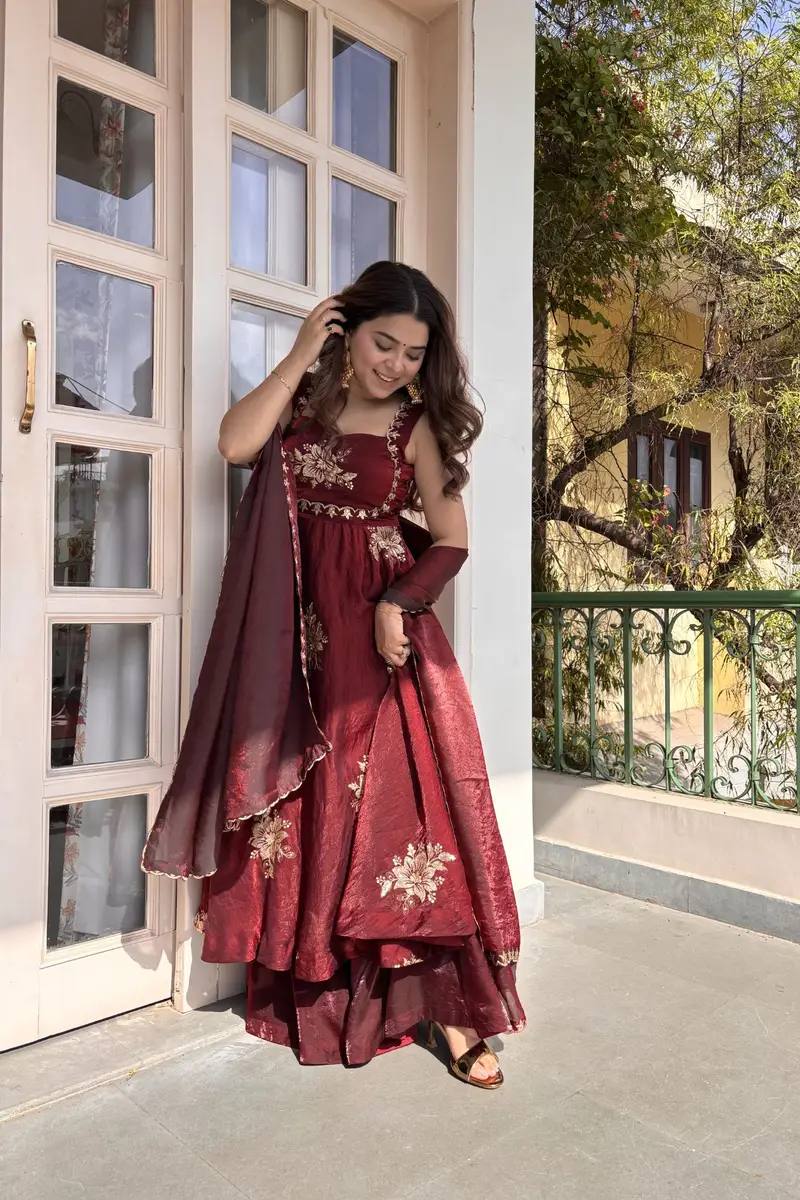 Floral Embroidered Sleeveless Anarkali Gown With Dupatta Set