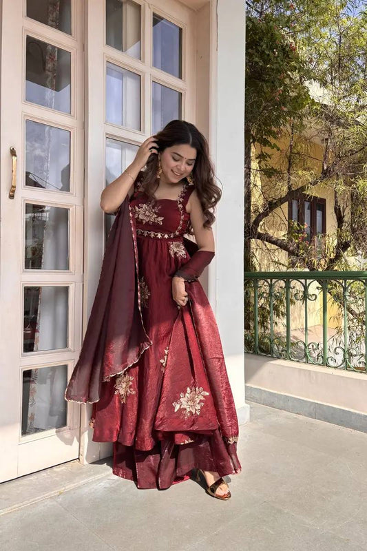 Floral Embroidered Sleeveless Anarkali Gown With Dupatta Set