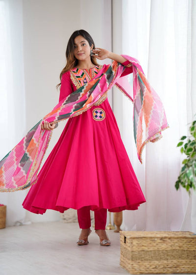 VIBRANT PINK ANARKALI SUIT WITH MULTICOLOUR EMBROIDERED DUPATTA