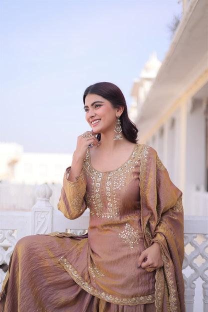Embroidered Kurta Sharara Set with Zari Work And Dupatta