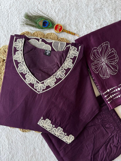 Purple Embroidery Cotton Kurti with Pant And Dupatta