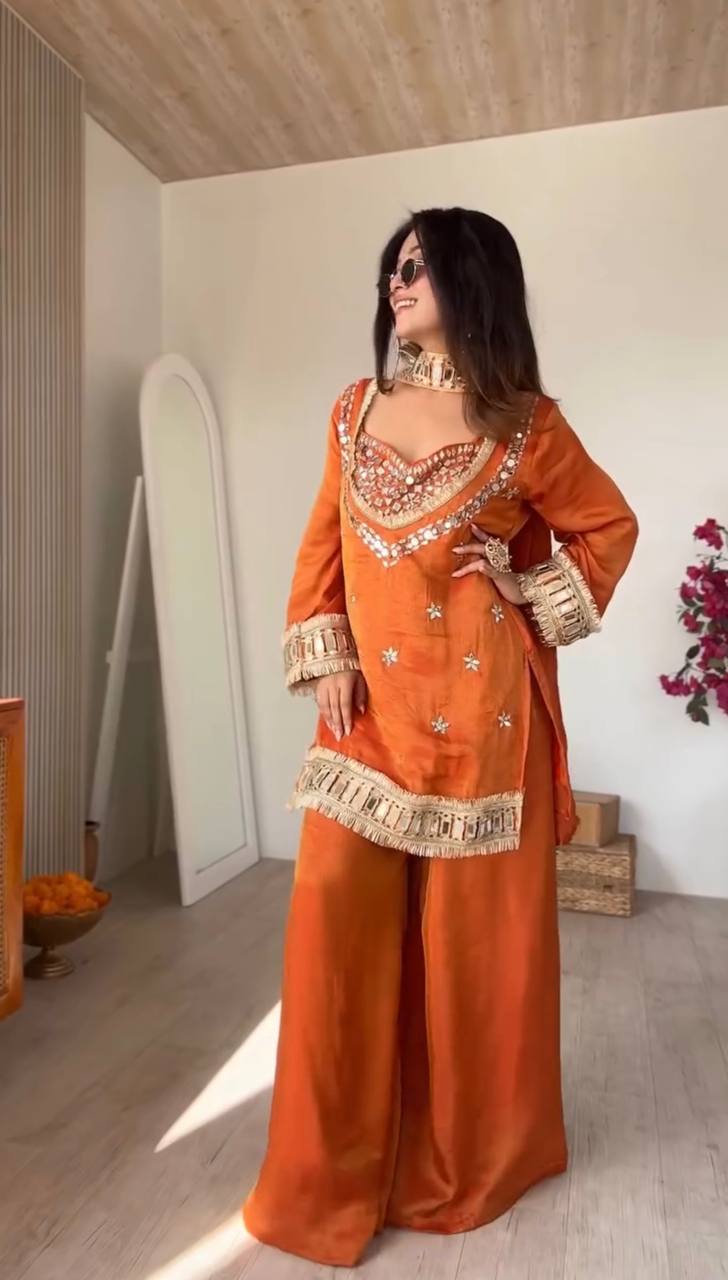 Orange Silk Sharara Suit With Real Mirror Work And Gold Lace Work