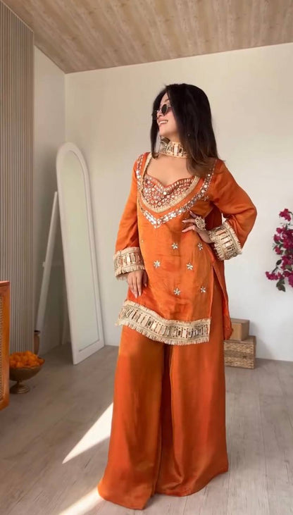 Orange Silk Sharara Suit With Real Mirror Work And Gold Lace Work