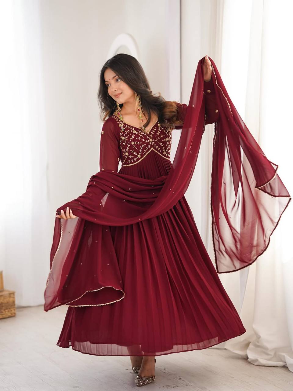 Maroon Anarkali Suit With Gold Embroidery And Dupatta