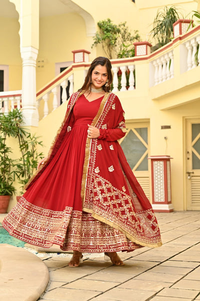 Red Anarkali Suit With Embroidery And Dupatta