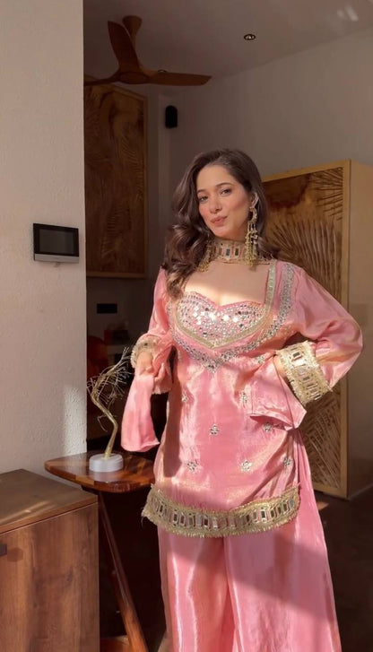 Pink Silk Sharara Suit With Mirror And Gold Lace Work 🎀