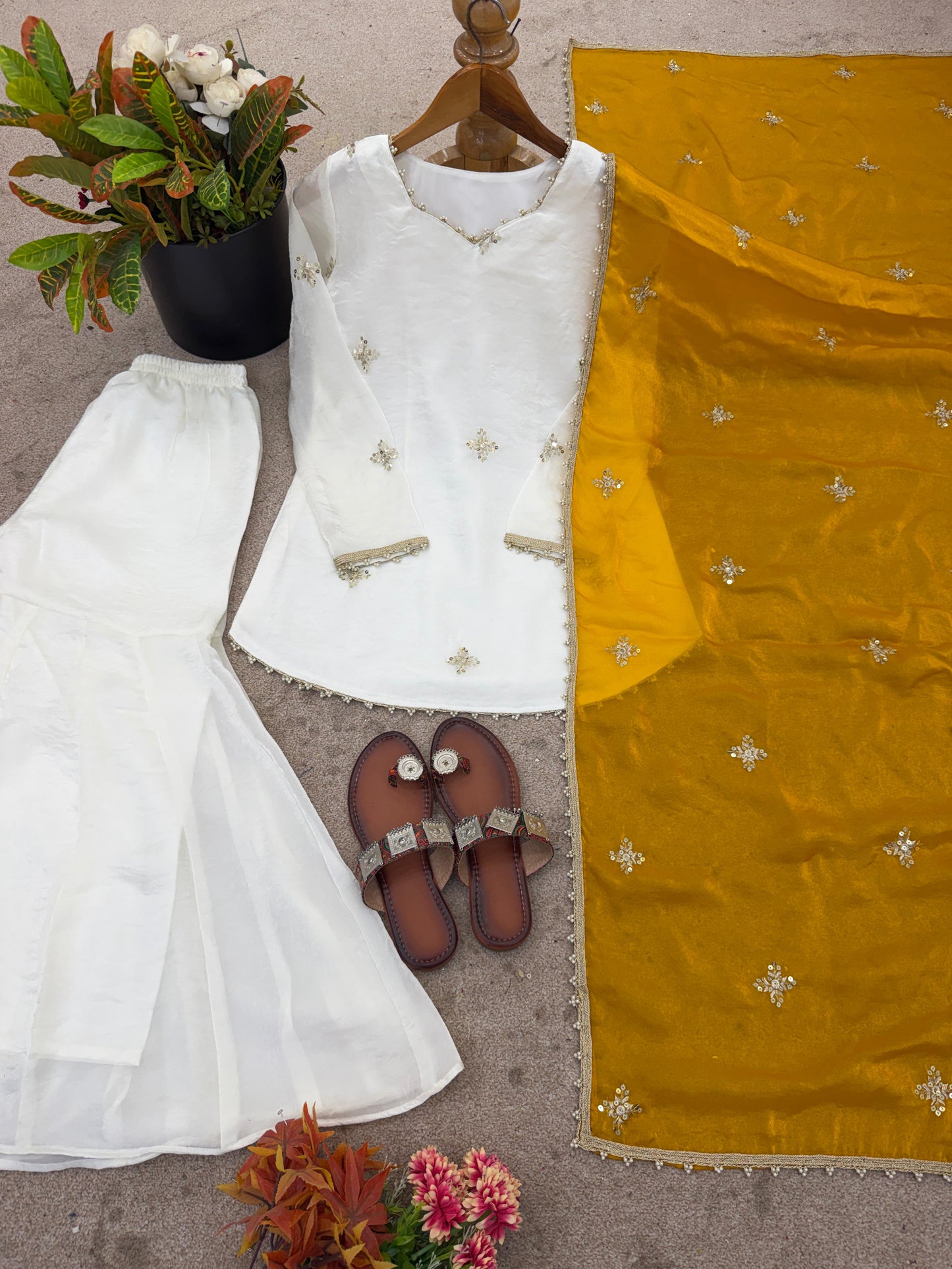 Embroidered Sharara Set With Contrast Sequin Mustard Yellow Dupatta