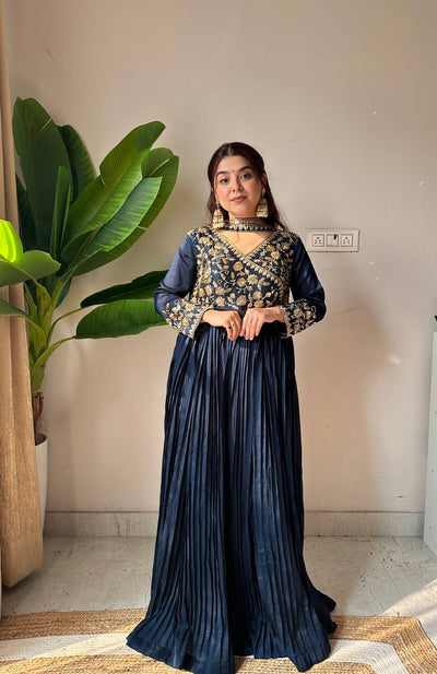 Dark Blue Anarkali Suit With Embroidery
