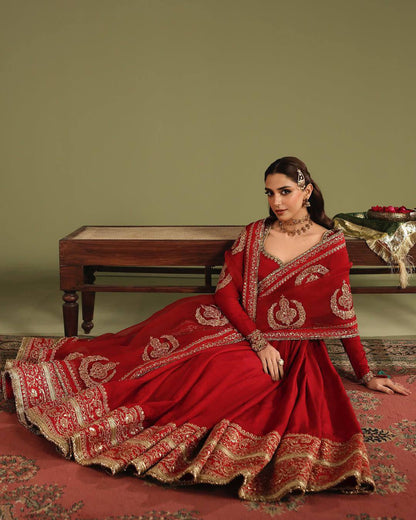 Royal Red Zari Embroidered Anarkali Gown Set With Dupatta