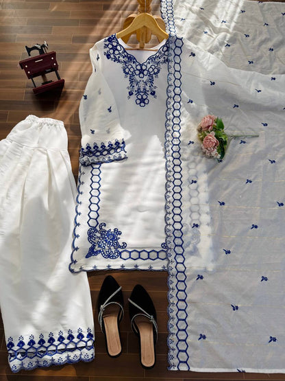 Red And White Cutwork Embroidered Straight Kurta Palazzo Set With Dupatta