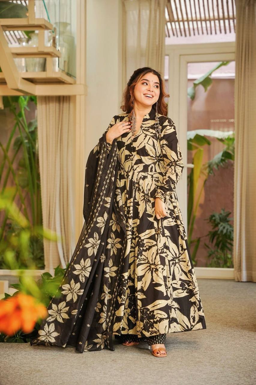 Black And Beige Floral Printed Anarkali Suit With Dupatta