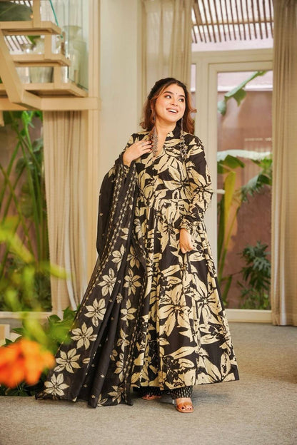 Black And Beige Floral Printed Anarkali Suit With Dupatta