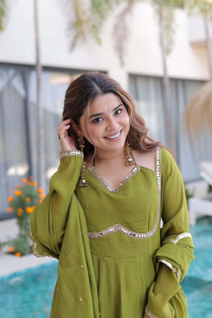 Olive Green Anarkali Suit With Mirror Work And Dupatta