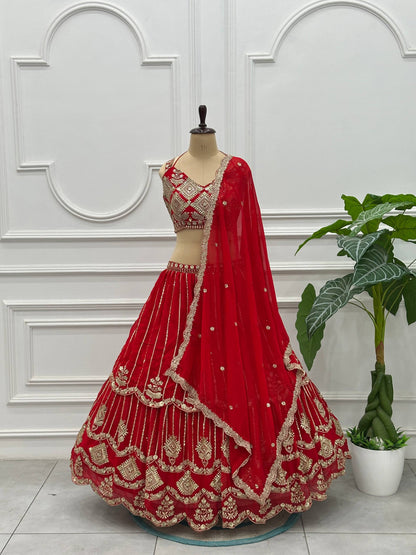 Bridal Red Zari And Sequins Embroidered Layered Lehenga Choli Set With Dupatta