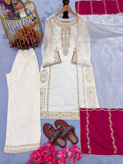 Embroidery Kurti With Plazzo And Dupatta