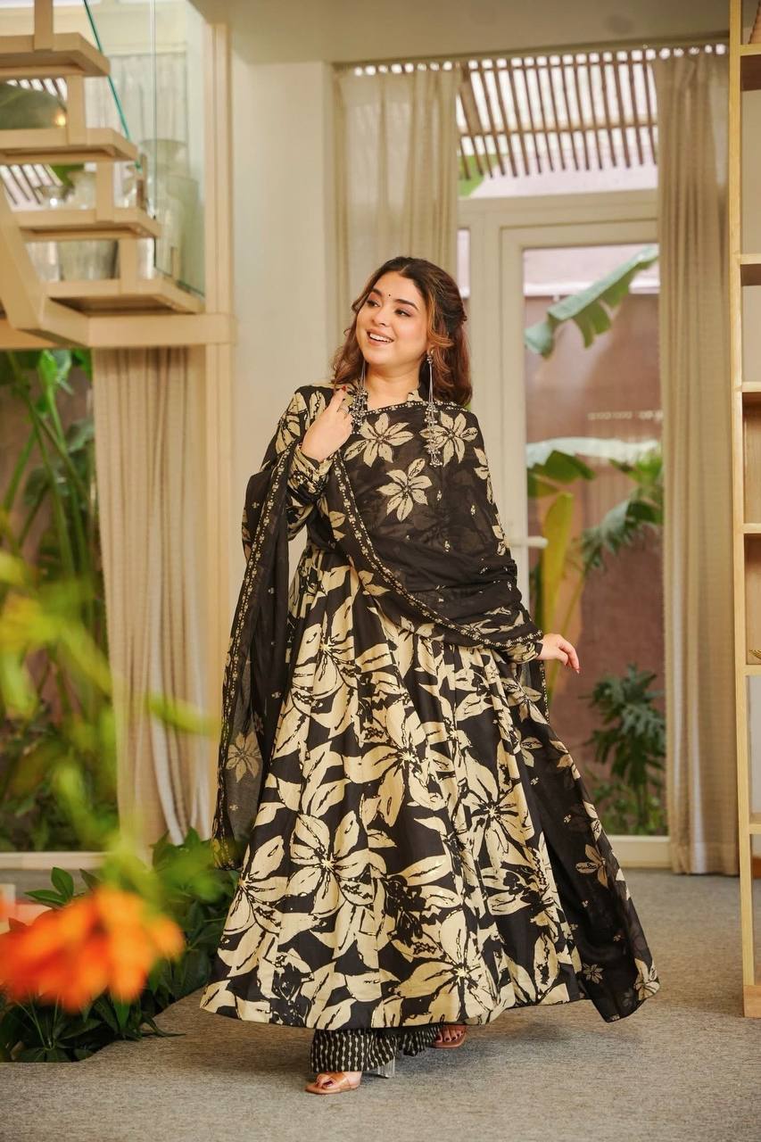 Black And Beige Floral Printed Anarkali Suit With Dupatta