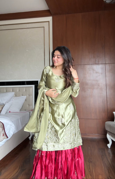 OLIVE GREEN EMBROIDERED KURTA WITH CONTRASTING RED SHARARA