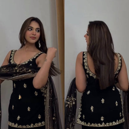 Black Embroidered Sharara Suit With Net Dupatta