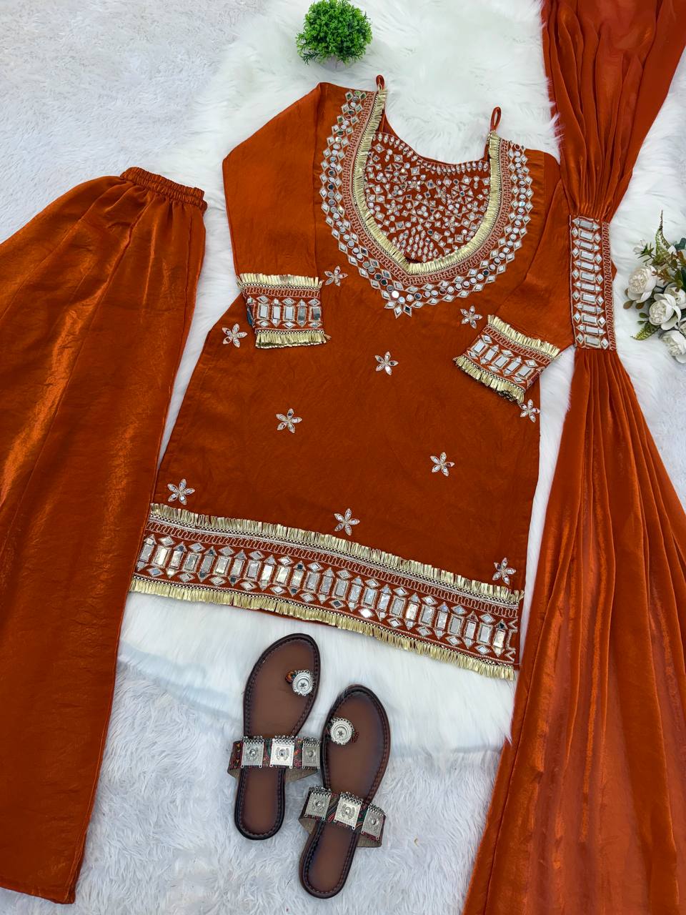 Orange Silk Sharara Suit With Real Mirror Work And Gold Lace Work